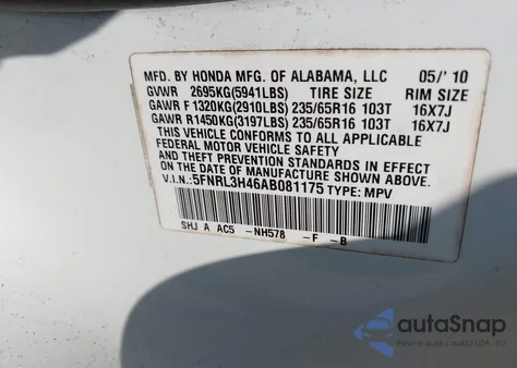 2010 Honda Odyssey Ex from USA, damaged, VIN 5FNRL3H46AB081175